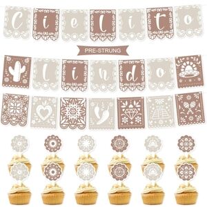 Cielito Lindo Papel Picado Banner and Cupcake Toppers Set - Brown and Cream